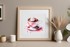 Watercolor clipart valentines day coffee mug or chocolate with hearts  on clear background. Romantic and flavorful illustration. High resolution and perfect quality for printing and sublimation.