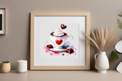 Watercolor clipart valentines day coffee mug or chocolate with hearts  on clear background. Romantic and flavorful illustration. High resolution and perfect quality for printing and sublimation.