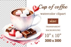 Watercolor clipart valentines day coffee mug or chocolate with hearts  on clear background. Romantic and flavorful illustration. High resolution and perfect quality for printing and sublimation.