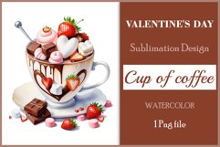 Watercolor clipart valentines day coffee mug or chocolate with hearts  on clear background. Romantic and flavorful illustration. High resolution and perfect quality for printing and sublimation.