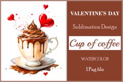 Watercolor clipart valentines day coffee mug or chocolate with hearts  on clear background. Romantic and flavorful illustration. High resolution and perfect quality for printing and sublimation.