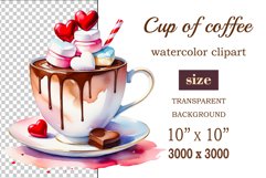 Watercolor clipart valentines day coffee mug or chocolate with hearts  on clear background. Romantic and flavorful illustration. High resolution and perfect quality for printing and sublimation.