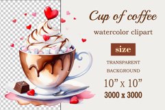 Watercolor clipart valentines day coffee mug or chocolate with hearts  on clear background. Romantic and flavorful illustration. High resolution and perfect quality for printing and sublimation.