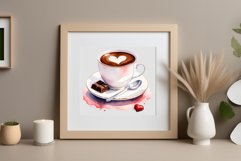 Watercolor clipart valentines day coffee mug or chocolate with hearts  on clear background. Romantic and flavorful illustration. High resolution and perfect quality for printing and sublimation.