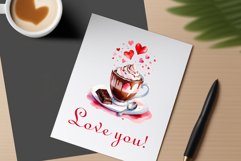Watercolor clipart valentines day coffee mug or chocolate with hearts  on clear background. Romantic and flavorful illustration. High resolution and perfect quality for printing and sublimation.