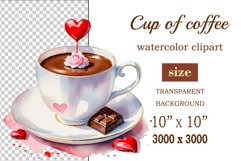 Watercolor clipart valentines day coffee mug or chocolate with hearts  on clear background. Romantic and flavorful illustration. High resolution and perfect quality for printing and sublimation.
