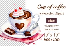 Watercolor clipart valentines day coffee mug or chocolate with hearts  on clear background. Romantic and flavorful illustration. High resolution and perfect quality for printing and sublimation.