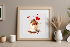 Watercolor clipart valentines day coffee mug or chocolate with hearts  on clear background. Romantic and flavorful illustration. High resolution and perfect quality for printing and sublimation.