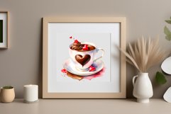Watercolor clipart valentines day coffee mug or chocolate with hearts  on clear background. Romantic and flavorful illustration. High resolution and perfect quality for printing and sublimation.
