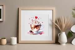 Watercolor clipart valentines day coffee mug or chocolate with hearts  on clear background. Romantic and flavorful illustration. High resolution and perfect quality for printing and sublimation.