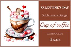 Watercolor clipart valentines day coffee mug or chocolate with hearts  on clear background. Romantic and flavorful illustration. High resolution and perfect quality for printing and sublimation.