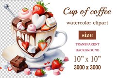 Watercolor clipart valentines day coffee mug or chocolate with hearts  on clear background. Romantic and flavorful illustration. High resolution and perfect quality for printing and sublimation.