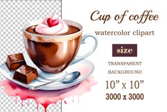 Watercolor clipart valentines day coffee mug or chocolate with hearts  on clear background. Romantic and flavorful illustration. High resolution and perfect quality for printing and sublimation.