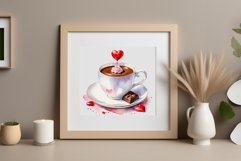 Watercolor clipart valentines day coffee mug or chocolate with hearts  on clear background. Romantic and flavorful illustration. High resolution and perfect quality for printing and sublimation.