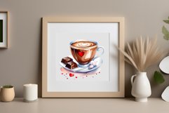 Watercolor clipart valentines day coffee mug or chocolate with hearts  on clear background. Romantic and flavorful illustration. High resolution and perfect quality for printing and sublimation.