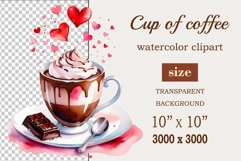 Watercolor clipart valentines day coffee mug or chocolate with hearts  on clear background. Romantic and flavorful illustration. High resolution and perfect quality for printing and sublimation.