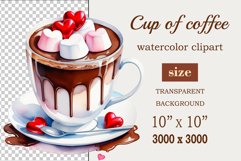 Watercolor clipart valentines day coffee mug or chocolate with hearts  on clear background. Romantic and flavorful illustration. High resolution and perfect quality for printing and sublimation