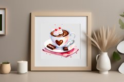 Watercolor clipart valentines day coffee mug or chocolate with hearts  on clear background. Romantic and flavorful illustration. High resolution and perfect quality for printing and sublimation.