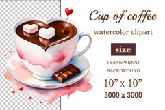 Watercolor clipart valentines day coffee mug or chocolate with hearts  on clear background. Romantic and flavorful illustration. High resolution and perfect quality for printing and sublimation.