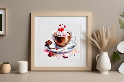 Watercolor clipart valentines day coffee mug or chocolate with hearts  on clear background. Romantic and flavorful illustration. High resolution and perfect quality for printing and sublimation.