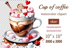 Watercolor clipart valentines day coffee mug or chocolate with hearts  on clear background. Romantic and flavorful illustration. High resolution and perfect quality for printing and sublimation.