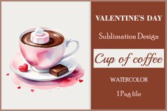 Watercolor clipart valentines day coffee mug or chocolate with hearts  on clear background. Romantic and flavorful illustration. High resolution and perfect quality for printing and sublimation.