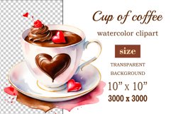 Watercolor clipart valentines day coffee mug or chocolate with hearts  on clear background. Romantic and flavorful illustration. High resolution and perfect quality for printing and sublimation.
