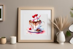 Watercolor clipart valentines day coffee mug or chocolate with hearts  on clear background. Romantic and flavorful illustration. High resolution and perfect quality for printing and sublimation.