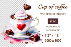 Watercolor clipart valentines day coffee mug or chocolate with hearts  on clear background. Romantic and flavorful illustration. High resolution and perfect quality for printing and sublimation.