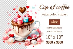Watercolor clipart valentines day coffee mug or chocolate with hearts  on clear background. Romantic and flavorful illustration. High resolution and perfect quality for printing and sublimation.