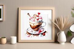 Watercolor clipart valentines day coffee mug or chocolate with hearts  on clear background. Romantic and flavorful illustration. High resolution and perfect quality for printing and sublimation.