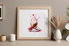 Watercolor clipart valentines day coffee mug or chocolate with hearts  on clear background. Romantic and flavorful illustration. High resolution and perfect quality for printing and sublimation.