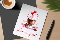 Watercolor clipart valentines day coffee mug or chocolate with hearts  on clear background. Romantic and flavorful illustration. High resolution and perfect quality for printing and sublimation.