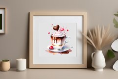Watercolor clipart valentines day coffee mug or chocolate with hearts  on clear background. Romantic and flavorful illustration. High resolution and perfect quality for printing and sublimation.