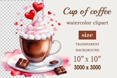 Watercolor clipart valentines day coffee mug or chocolate with hearts  on clear background. Romantic and flavorful illustration. High resolution and perfect quality for printing and sublimation.