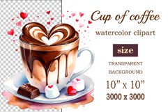 Watercolor clipart valentines day coffee mug or chocolate with hearts  on clear background. Romantic and flavorful illustration. High resolution and perfect quality for printing and sublimation.