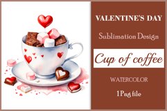 Watercolor clipart valentines day coffee mug or chocolate with hearts  on clear background. Romantic and flavorful illustration. High resolution and perfect quality for printing and sublimation.