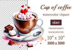 Watercolor clipart valentines day coffee mug or chocolate with hearts  on clear background. Romantic and flavorful illustration. High resolution and perfect quality for printing and sublimation.