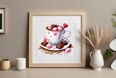 Watercolor clipart valentines day coffee mug or chocolate with hearts  on clear background. Romantic and flavorful illustration. High resolution and perfect quality for printing and sublimation.