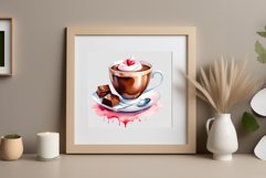 Watercolor clipart valentines day coffee mug or chocolate with hearts  on clear background. Romantic and flavorful illustration. High resolution and perfect quality for printing and sublimation.