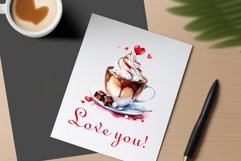 Watercolor clipart valentines day coffee mug or chocolate with hearts  on clear background. Romantic and flavorful illustration. High resolution and perfect quality for printing and sublimation.
