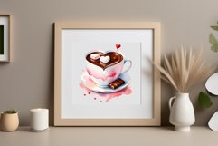 Watercolor clipart valentines day coffee mug or chocolate with hearts  on clear background. Romantic and flavorful illustration. High resolution and perfect quality for printing and sublimation.