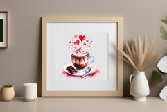 Watercolor clipart valentines day coffee mug or chocolate with hearts  on clear background. Romantic and flavorful illustration. High resolution and perfect quality for printing and sublimation.