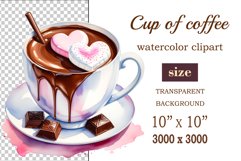 Watercolor clipart valentines day coffee mug or chocolate with hearts  on clear background. Romantic and flavorful illustration. High resolution and perfect quality for printing and sublimation.