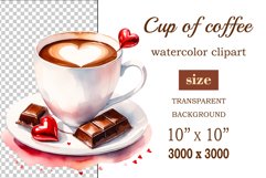 Watercolor clipart valentines day coffee mug or chocolate with hearts  on clear background. Romantic and flavorful illustration. High resolution and perfect quality for printing and sublimation.