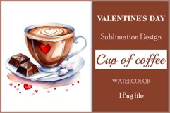 Watercolor clipart valentines day coffee mug or chocolate with hearts  on clear background. Romantic and flavorful illustration. High resolution and perfect quality for printing and sublimation.