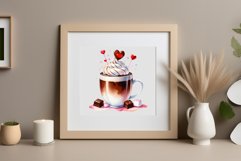 Watercolor clipart valentines day coffee mug or chocolate with hearts  on clear background. Romantic and flavorful illustration. High resolution and perfect quality for printing and sublimation.