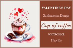 Watercolor clipart valentines day coffee mug or chocolate with hearts  on clear background. Romantic and flavorful illustration. High resolution and perfect quality for printing and sublimation.