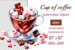 Watercolor clipart valentines day or birthday greeting card coffee mug or chocolate with hearts  on clear background. Romantic and flavorful illustration. High resolution and perfect quality for printing and sublimation.