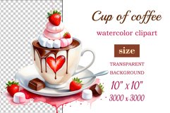 Watercolor clipart valentines day or birthday greeting card coffee mug or chocolate with hearts  on clear background. Romantic and flavorful illustration. High resolution and perfect quality for printing and sublimation.